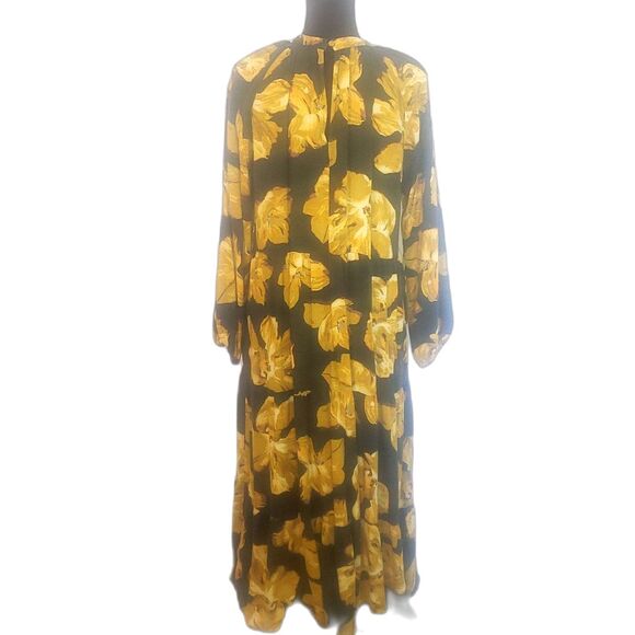 A New Day Green Yellow Floral Tiered Pockets Midi Dress Size Large - Picture 3 of 7